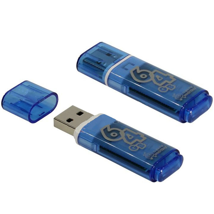 SmartBuy Glossy Series 64GB, Blue USB-накопительSB64GBGS-B SmartBuy Glossy Series 64GB, Blue USB-накопительSB64GBGS-BКорпус USB-накопителя SmartBuy Glossy Series 64GB сделан из прозрачного пластика с белой полоской, проходящей между корпусом и колпачком. Glossy оборудован специальной системой для крепления колпачка - с помощью скобки он фиксируется между двумя выступающими пластинками на устройстве. Это очень удобно и минимизирует вероятность потери защитного колпачка. За эту же скобку устройство можно прикрепить к шнурку, чтобы накопитель всегда был под рукой. Пропускная способность интерфейса: 480 Мбит/сек Совместим с: Windows 7, Windows 8, Windows Vista, Windows XP, Windows 2000, Linux, MAC OS X