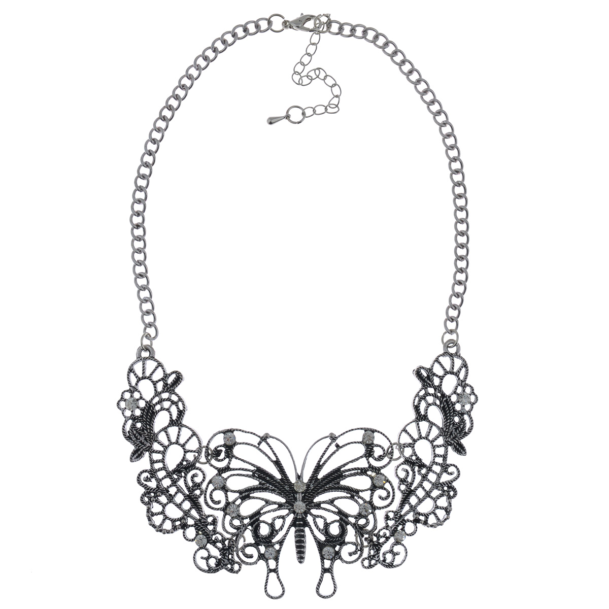 Колье Taya, цвет: серебристый. T-B-9798T-B-9798-NECK-SILVER Колье Taya, цвет: серебристый. T-B-9798T-B-9798-NECK-SILVERСтильное колье модного дизайна Taya, выполненное из гипоаллергенного сплава. Декоративная часть представлена в виде оригинальной бабочки и дополнена стразами белого цвета. Размер декоративного элемента: 5,5 см х 6,5 см. Колье имеет надежную застежку-карабин с регулирующей длину цепочкой. Такое колье позволит вам с легкостью воплотить самую смелую фантазию и создать собственный, неповторимый образ.