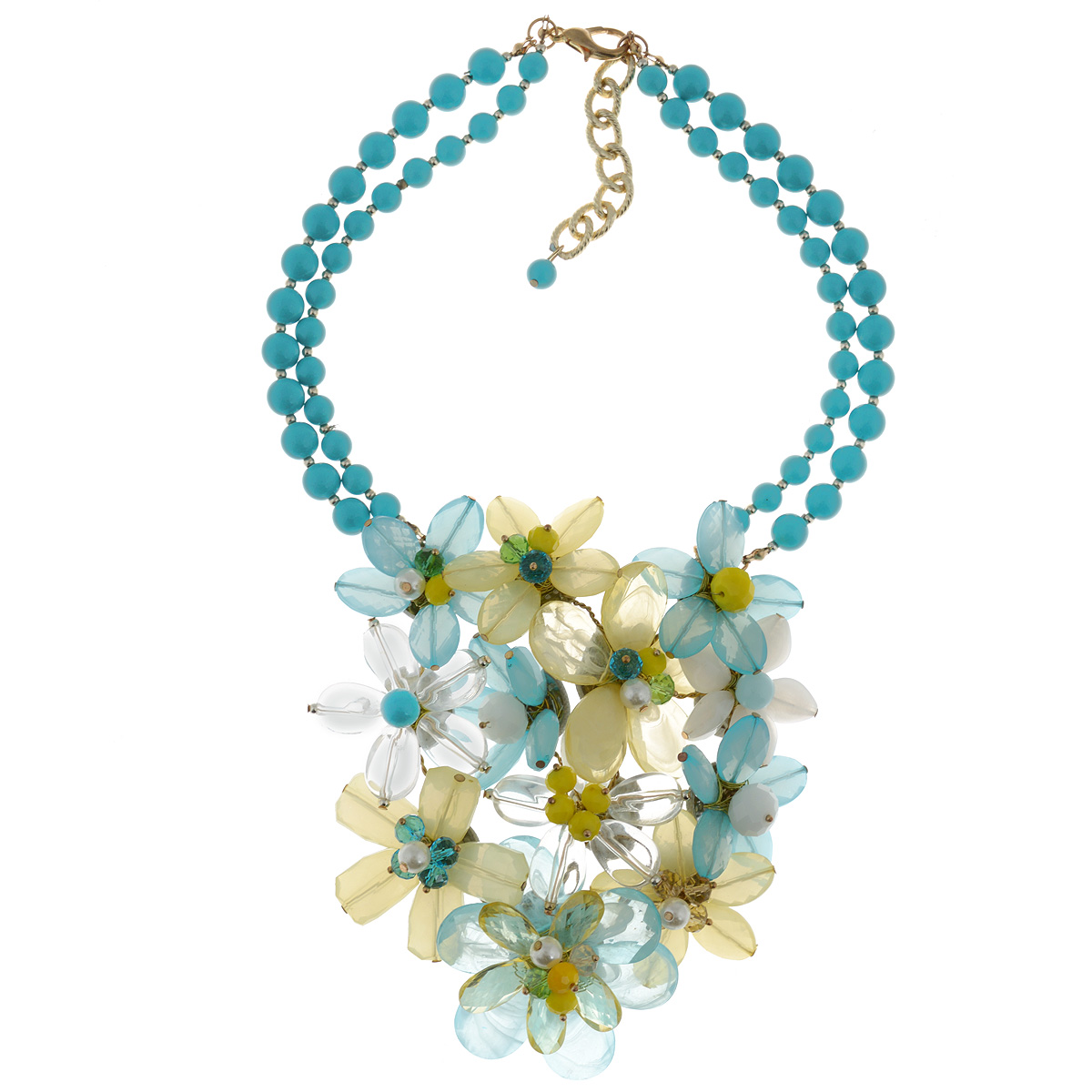 Колье Taya, цвет: бирюзовый, белый, желтый. T-B-8587T-B-8587-NECK-TURQUOISE Колье Taya, цвет: бирюзовый, белый, желтый. T-B-8587T-B-8587-NECK-TURQUOISEСтильное колье Taya, выполненное из гипоаллергенного сплава на основе латуни не оставит равнодушной ни одну любительницу изысканных и необычных украшений. По всей длине оно украшено двойными бусами бирюзового цвета. Декоративная часть выполнена в виде цветков желтых, белых, прозрачных, бирюзовых оттенков из пластика и стекла. Колье имеет надежную застежку-карабин с регулирующей длину цепочкой. Размер декоративной части: 14 см х 15 см. Такое колье позволит вам с легкостью воплотить самую смелую фантазию и создать собственный, неповторимый образ.