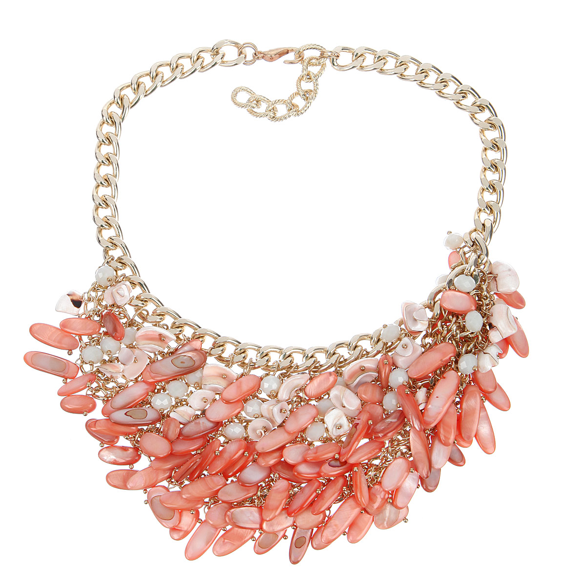 Колье Taya, цвет: коралловый, золотистый. T-B-8599T-B-8599-NECK-CORAL Колье Taya, цвет: коралловый, золотистый. T-B-8599T-B-8599-NECK-CORALИзящное колье Taya, выполненное из гипоаллергенного сплава на основе латуни, не оставит равнодушной ни одну любительницу изысканных и необычных украшений. Колье представляет собой металлическую цепь золотистого цвета с крупными звеньями, к которой крепятся восемь рядов металлических цепочек. Цепочки украшены натуральными перламутровыми подвесками очень нежного переливающегося оттенка. Колье имеет надежную застежку-карабин с регулирующей длину цепочкой. Такое колье позволит вам с легкостью воплотить самую смелую фантазию и создать собственный, неповторимый образ.