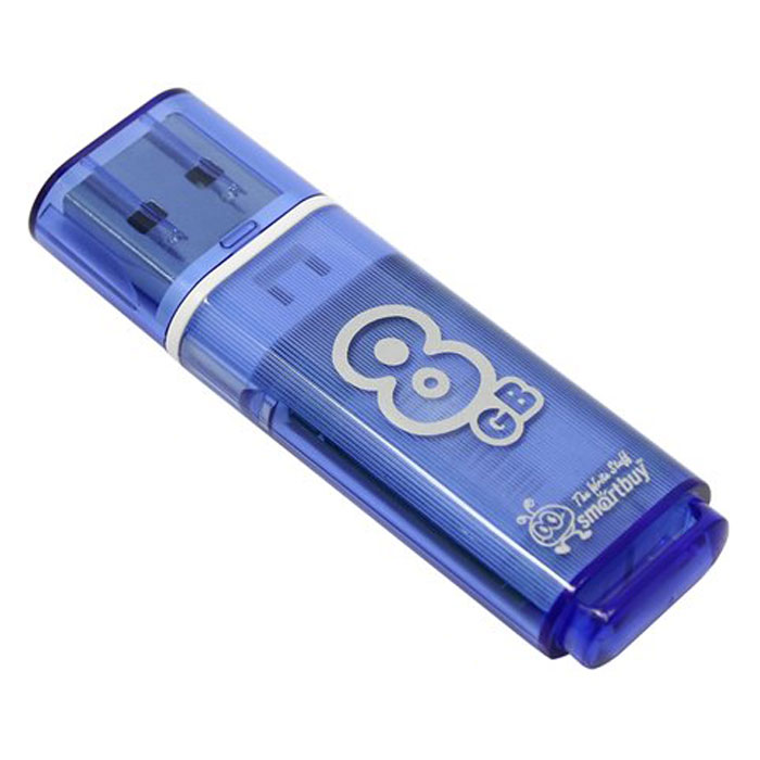 SmartBuy Glossy Series 8GB, Blue USB-накопительSB8GBGS-B SmartBuy Glossy Series 8GB, Blue USB-накопительSB8GBGS-BКорпус USB-накопителя SmartBuy Glossy Series 8GB сделан из прозрачного пластика с белой полоской, проходящей между корпусом и колпачком. Glossy оборудован специальной системой для крепления колпачка - с помощью скобки он фиксируется между двумя выступающими пластинками на устройстве. Это очень удобно и минимизирует вероятность потери защитного колпачка. За эту же скобку устройство можно прикрепить к шнурку, чтобы накопитель всегда был под рукой. Пропускная способность интерфейса: 480 Мбит/сек Совместим с: Windows 7, Windows 8, Windows Vista, Windows XP, Windows 2000, Linux, MAC OS X