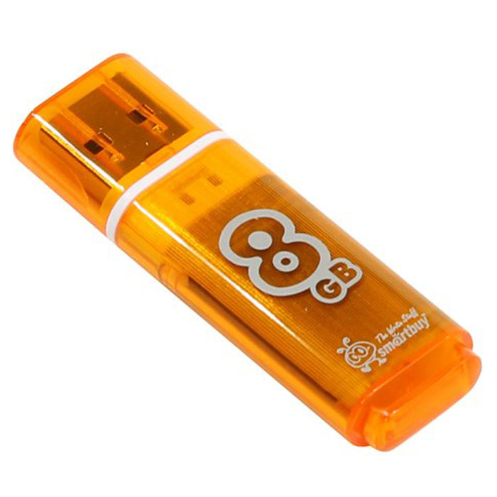 SmartBuy Glossy Series 8GB, Orange USB-накопительSB8GBGS-Or SmartBuy Glossy Series 8GB, Orange USB-накопительSB8GBGS-OrКорпус USB-накопителя SmartBuy Glossy Series 8GB сделан из прозрачного пластика с белой полоской, проходящей между корпусом и колпачком. Glossy оборудован специальной системой для крепления колпачка - с помощью скобки он фиксируется между двумя выступающими пластинками на устройстве. Это очень удобно и минимизирует вероятность потери защитного колпачка. За эту же скобку устройство можно прикрепить к шнурку, чтобы накопитель всегда был под рукой. Пропускная способность интерфейса: 480 Мбит/сек Совместим с: Windows 7, Windows 8, Windows Vista, Windows XP, Windows 2000, Linux, MAC OS X