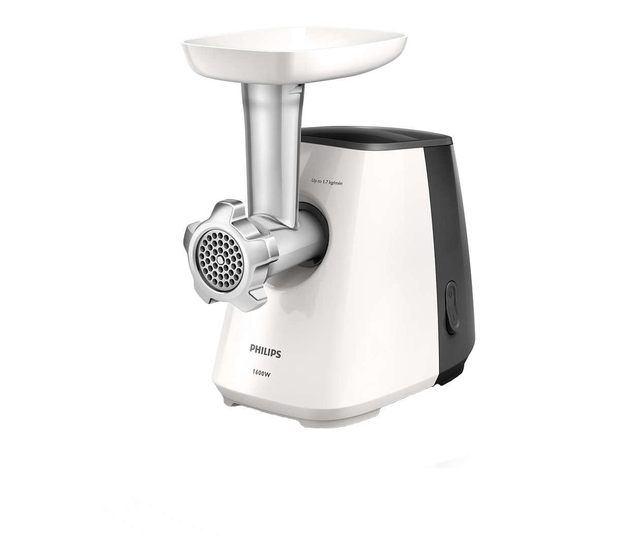 Philips HR2713/30 мясорубкаHR2713/30 Philips HR2713/30 мясорубкаHR2713/30Philips HR2713/30 Мясорубка 1600Вт,метал.шнек,2 реш.5/8мм,нас.д/колб.,инновац.аксессуар д/очист.реш.2D-клинер,пластик