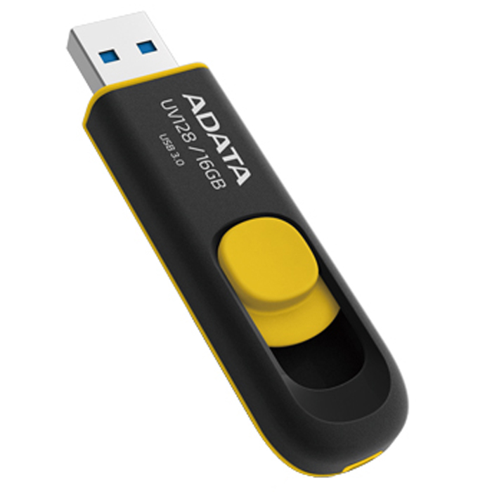 ADATA UV128 16GB, Black Yellow USB-накопительAUV128-16G-RBY ADATA UV128 16GB, Black Yellow USB-накопительAUV128-16G-RBYADATA UV128 - USB-накопитель с гладким дизайном. Бесколпачковая конструкция исключает проблемы с потерей колпачка. USB-разъем выдвигается одной рукой, что очень удобно, когда скорость является главным условием. Высокоскоростной интерфейс USB 3.0 для двухканальной передачи данных обеспечивает скорость чтения до 90 Мбит в секунду и скорость записи до 40 Мбит в секунду при сохранении полной обратной совместимости с портами USB 2.0. Матовый корпус - немаркий и нецарапаемый. Округлые формы этой серии делают ее модной и максимально удобной.