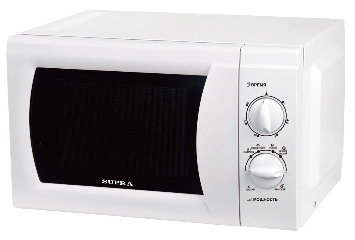 Supra MWS-1808MW СВЧ-печьMWS-1808MW Supra MWS-1808MW СВЧ-печьMWS-1808MWДоступная по цене, не перегруженная лишними функциями и удобная в управлении микроволновая печь SUPRA MWS-1808MW облегчит ваши ежедневные хлопоты на кухне. Ее мощность 700 Вт. На разогрев, например, тарелки супа из холодильника уйдет меньше 4-х минут, а мясо разморозится за 10-20 минут в зависимости от формы и веса продукта. С помощью СВЧ-излучения можно готовить горячие бутерброды и простейшие блюда. И нет смысла переплачивать за СВЧ-печь с функцией пароварки, ведь используя подходящую емкость с поддоном, можно и в данной микроволновке приготовить диетические блюда на пару. Управление у микроволновки SUPRA MWS-1808MW механическое - надежное, простое и интуитивно понятное. На панели всего два поворотных переключателя. Один позволяет установить требуемую мощность, другой - время термообработки. У нижней ручки есть подсказки, которые помогут выбрать нужный режим - авторазморозка или один из пяти 5-ти уровней мощности микроволн. Таймер позволяет точно выставить время от 0 до 30...