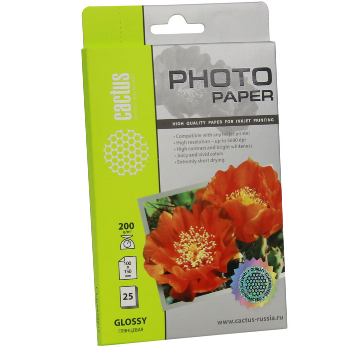 Cactus CS-GA620025 глянцевая фотобумагаCS-GA620025 Cactus CS-GA620025 глянцевая фотобумагаCS-GA620025Глянцевая фотобумага Cactus CS-GA620025. Запечатлевайте лучшие мгновения вашей жизни в сочных и насыщенных цветах. Представляйте яркие и красочные презентации. Наслаждайтесь отпечатками высочайшего качества. Глянцевая фотобумага Cactus представляет собой оптимальное сочетание цены и качества. Она отлично подходит для печати памятных фотографий в фоторамку или фотоальбом. Обладая приятным глянцевым блеском, она украсит ваши фотографии и презентации. А высококлассное покрытие позволит добиться максимально точной цветопередачи, что будет полезно при печати макетов и web-графики. Предназначена только для струйных принтеров.