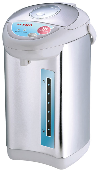 Supra TPS-3002 термопотTPS-3002 Supra TPS-3002 термопотTPS-3002Пока еще редкие чайники оборудованы терморегулятором. Да и держат температуру воды они минут 30, не больше. Другое дело - термопот - такой, как SUPRA TPS-3002. С ним горячая вода (80-85 °С) всегда будет в доступе. Это особенно удобно, когда в семье есть маленькие дети. По мощности такие приборы, конечно, уступают чайникам, но наш герой - приятное исключение. Полный объем - 3.8 литра воды - он вскипятит за 20 минут. Есть режим повторного кипячения: здесь вам придется ждать минуты три, не больше. Внутренняя камера прибора сделана из нержавеющей стали, так что на качество воды вы жаловаться не будете. Тем более что устройство оборудовано фильтром для задержания накипи.