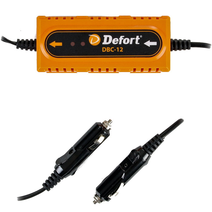 Устройство зарядное Defort DBC-1298291117 Устройство зарядное Defort DBC-1298291117Даже хороший аккумулятор может подвести автовладельца при резких перепадах температуры, а перепады бывают резкие и значительные. Иногда температура опускается до 20С за сутки. Чтобы не стоять утром на морозе с буксирным тросом или с проводами и просить кого-нибудь прикурить, как раз и создано зарядное автомобильное устройство Defort DBC-12. Оно оснащено электронным блоком и кабелем с двумя разъемами, которые подключаются к прикуривателю. Особенностью устройства является отсутствие дополнительных клемм и переходников. С помощью Defort DBC-12 можно реанимировать аккумулятор емкостью 50-90 Ач.