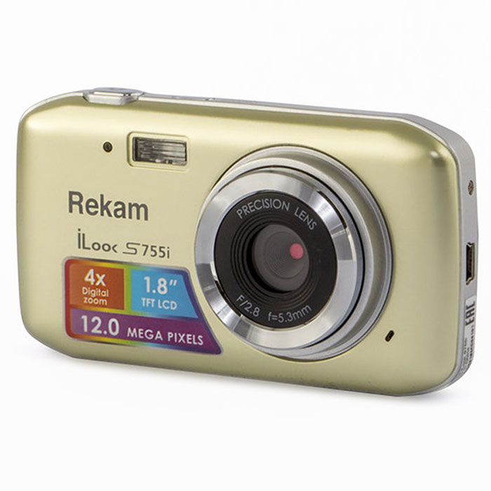 Rekam iLook S755i, Champagne цифровая фотокамера1108005123 Rekam iLook S755i, Champagne цифровая фотокамера1108005123Rekam iLook S755i - это компактный цифровой фотоаппарат, созданный для сохранения памяти о самых ярких моментах жизни. Матрица CMOS обладает максимальным разрешением в 12 мегапикселей. Снимки, сделанные при помощи этой фотокамеры, идеальны для печати и редактирования. Rekam iLook S755i позволяет снимать видео в высоком разрешении и обладает всем необходимым для съемки в нормальных условиях. Фото сохраняются на карте памяти SD или MMC объемом до 32 Гб. Камера оборудована несколькими режимами настройки баланса белого, в том числе и автоматический. Цветной дисплей 1.8 позволит вам детально увидеть объект фото- или видеосъемки. Баланс белого: авто / солнечно / пасмурно / флуоресцент / вольфрам Апертура/фокус: F2.8, f=5.3mm; 1.5 - бесконечность Компенсация экспозиции: ±2.0EV ISO: авто Автоспуск: 2 с,10 с Вспышка: авто/принудительно/выкл. Зум: цифровой 4.0х