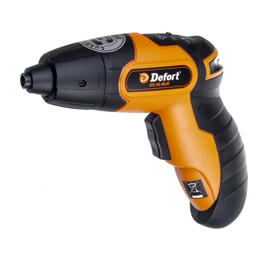 Отвертка аккумуляторная Defort DS-36-BLiK98295696 Отвертка аккумуляторная Defort DS-36-BLiK98295696Аккумуляторная отвертка Defort DS-36-BLiK прекрасно подойдет для выполнения простых задач, где предполагается работа только с резьбовыми соединениями и винтами небольших размеров, или для работы в труднодоступных местах. Преимущества: - подсветка рабочей зоны, - компактная конструкция и небольшой вес, - реверс, - индикатор зарядки, - напряжение/энергоемкость: 3,6 В/0,6 Ач, - время зарядки: 3-5 ч, Максимальный крутящий момент: 2,5 Нм. Емкость аккумулятора: 1 Ач. Масса: 0,34 кг. В комплект входит: Отвертка. Зарядное устройство. Биты: бита с 2 усиками №2, №6, №8, №10, бита звездообразная трехконечная №1, №2, №3, №4, бита четырехгранная №0, №1, №2, №3, SL4, SL4,5, SL5, SL5,5, SL6, SL6,5, SL7, SL8, биты Torx: Т7, Т10, Т15, Т20, Т25, Т27, Т30, Т40, Т45, биты Torx с отверстием: Т7, Т10, Т15, Т20, Т25, Т27, Т30, Т35, Т40, биты шестигранные: 1,5 мм, 2 мм, 2,5 мм, 3 мм, 4 мм, 5 мм, 5,5 мм, 6 мм, 8 мм,...
