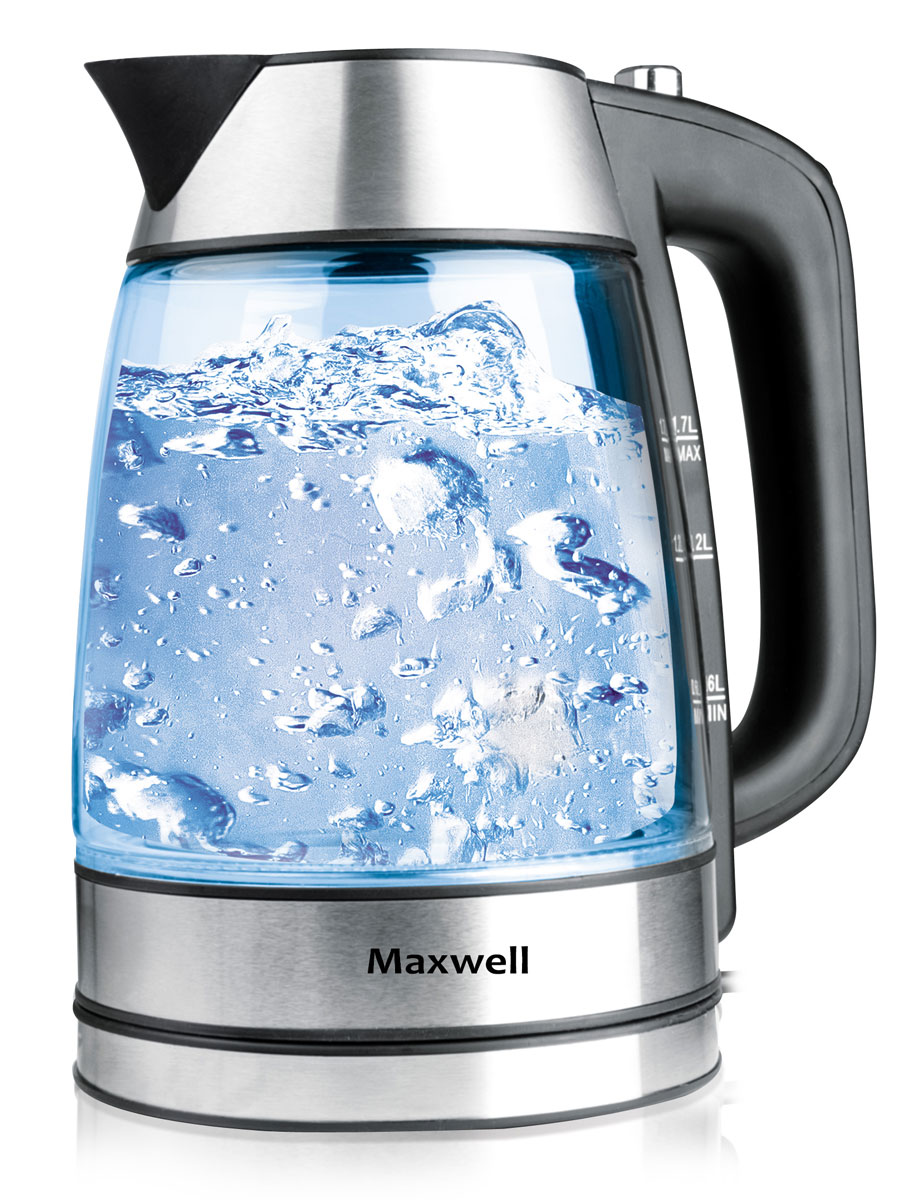 Maxwell MW-1053 электрочайникMW-1053(ST) Maxwell MW-1053 электрочайникMW-1053(ST)Что же может быть лучше яркого и стильного чайника для вашей кухни? Конечно, электрочайник MAXWELL MW-1053! Данная модель выполнена в классическом и в то же время оригинальном стиле - сочетание стеклянного корпуса со вставками из черного пластика превращают чайник в стильный аксессуар на вашей кухне. Стоит лишь включить чайник для нагрева воды, как он заиграет яркими красками благодаря встроенной подсветке! Пузырьки воды приобретут необычный цвет и будут завораживающе смотреться, волшебно поднимаясь со дна чайника. Благодаря прозрачному корпусу, вы всегда будете знать, сколько жидкости в чайнике, что особенно удобно в процессе использования этого компактного устройства!