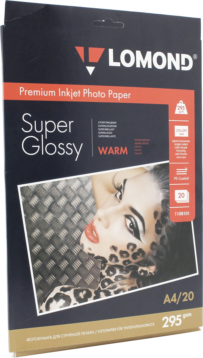 Lomond Super Glossy Warm 295/A4/20л суперглянцевая тепло-белая1108101 Lomond Super Glossy Warm 295/A4/20л суперглянцевая тепло-белая1108101Суперглянцевая микропористая фотобумага Lomond для струйной печати. Микропористое покрытие обеспечивает столь же высокое качество печати, как и традиционная фотография. Себестоимость отпечатков на бумаге Lomond Premium Photo c использованием картриджей Lomond - ниже, чем стоимость отпечатков, получаемых по традиционной технологии с использованием химических реактивов. Благодаря полиэстеровому покрытию бумажной основы бумага Lomond Premium Photo совершенно не подвержена короблению после прохода через принтер даже при самой интенсивной заливке чернилами. Модификация Super Glossy по фактуре поверхности наиболее близка к традиционной химической фотобумаге. Отпечатки отличаются высоким глянцем.
