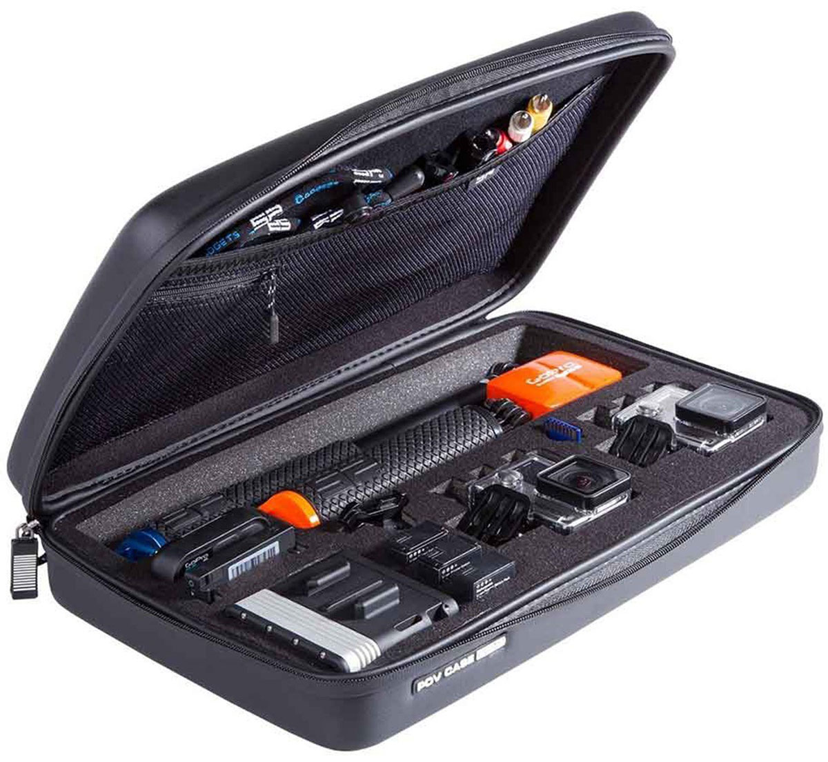 SP-Gadgets POV Case Elite, Black кейс для экшн-камеры52091 SP-Gadgets POV Case Elite, Black кейс для экшн-камеры52091Эргономичный и легкий, SP-Gadgets POV Case Elite сохранит все необходимое для съемки - камеру и аксессуары, а также надежно защитит вашу камеру от пыли, влаги, ударов, царапин. Компактность кейса облегчает его транспортировку. Подходит для всех камер GoPro Hero. В кейс помещается: Любая камера GoPro HERO 1 аккумулятор LCD Bac Pac + камера + бокс LCD/Wi-Fi/ Battery Bac Pac SD memory card GoPro Wi-Fi пульт Поплавок на заднюю крышку Большой врезной отсек под штатив 19 см Кабель и прочие аксессуары Материал подкладки: велюр