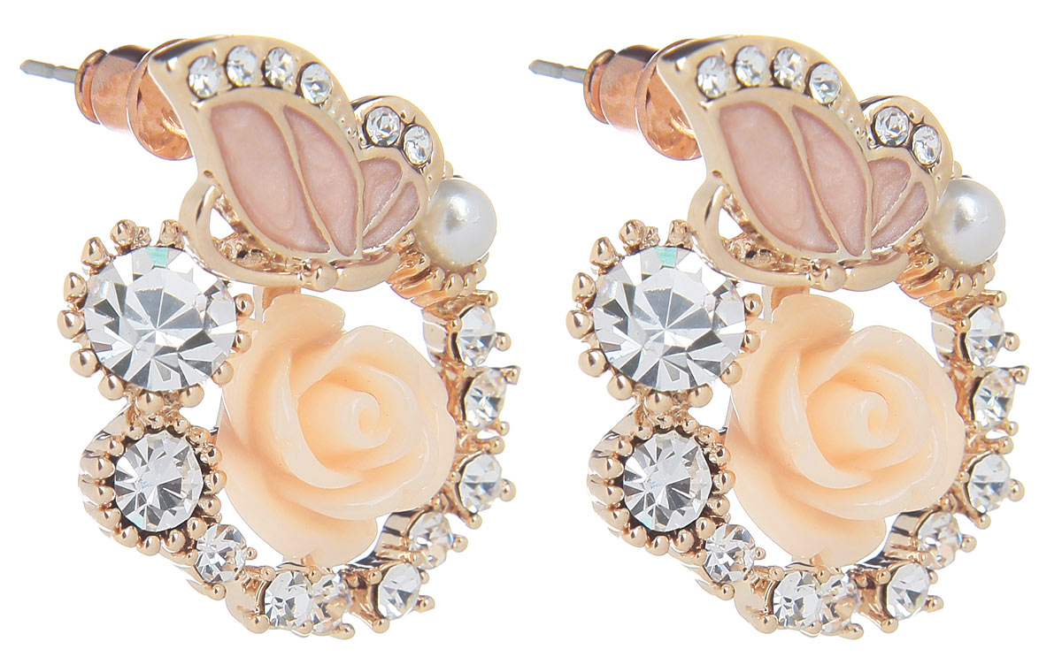 Серьги Fashion House, цвет: розовый, золотой. FH31909FH31909 Серьги Fashion House, цвет: розовый, золотой. FH31909FH31909Оригинальные серьги Fashion House, выполненные из металла с золотистым покрытием в виде композиции из розы и бабочки, инкрустированной вставкой из пластика и стразами. Серьги застегиваются на стоплер. Изящные серьги придадут вашему образу изюминку, подчеркнут красоту и изящество вечернего платья или преобразят повседневный наряд. Такие серьги позволит вам с легкостью воплотить самую смелую фантазию и создать собственный, неповторимый образ.