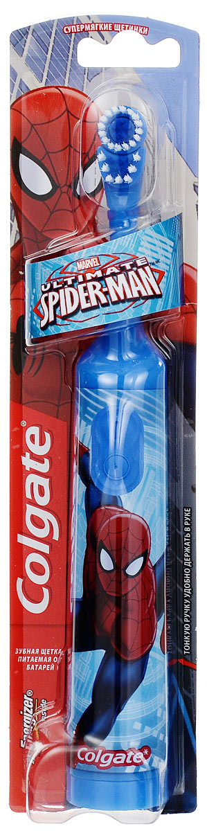 Colgate Зубная щетка Spider-Man, электрическая, с мягкой щетиной, цвет: голубойFCN10038_голубой Colgate Зубная щетка Spider-Man, электрическая, с мягкой щетиной, цвет: голубойFCN10038_голубойColgate Spider-Man - детская электрическая зубная щетка с мягкой щетиной. Маленькая вибрирующая головка с очень мягкими щетинками очищает детские зубы и бережно удаляет налет. Она идеально подходит для развития навыков гигиены полости рта, а благодаря яркому, привлекательному дизайну ежедневная чистка зубов станет удовольствием для вашего ребенка. Эргономичная ручка не скользит в ладони, амортизирует давление руки на нежную поверхность десен. Разноуровневые щетинки тщательно очищают как маленькие, так и большие зубы. Зубная щетка работает от двух батареек типа ААА. Батарейки в комплекте.