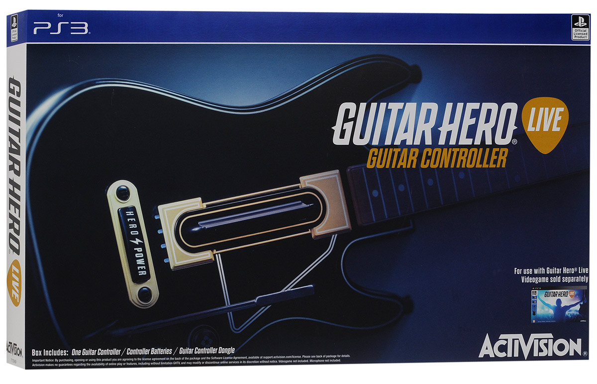 Guitar Hero Live Controller PS3. ГитараCBG 910 Guitar Hero Live Controller PS3. ГитараCBG 910Игровой контроллер-гитара Guitar Hero Live Controller полностью отражает новый стиль и реалистичность игры Guitar Hero Live. На грифе гитары расположено два ряда по 3 кнопки в каждом, что обеспечивает расширенные возможности при воспроизведении аккордов. Также предусмотрено три уровня использования возможностей контроллера: для начинающих, обычных и опытных игроков. Классическая форма гитары поможет вам показать свой талант во время игры! Если вы новичок, тогда можете использовать во время игры только три кнопки! Вы мастер Guitar Hero - тогда игра предоставит серьезные испытания для ваших пальцев! Кнопка GHTV (игровая музыкальная видеосеть) позволяет перейти прямо в GHTV из любой игры. Играя в режиме GH Live, игрок будет выступать на сцене и видеть толпу зрителей от первого лица, в зависимости от мастерства исполнения, купаться в аплодисментах или видеть их недовольство Вы можете играть под сотни музыкальных видеоклипов из обширной библиотеки GHTV...