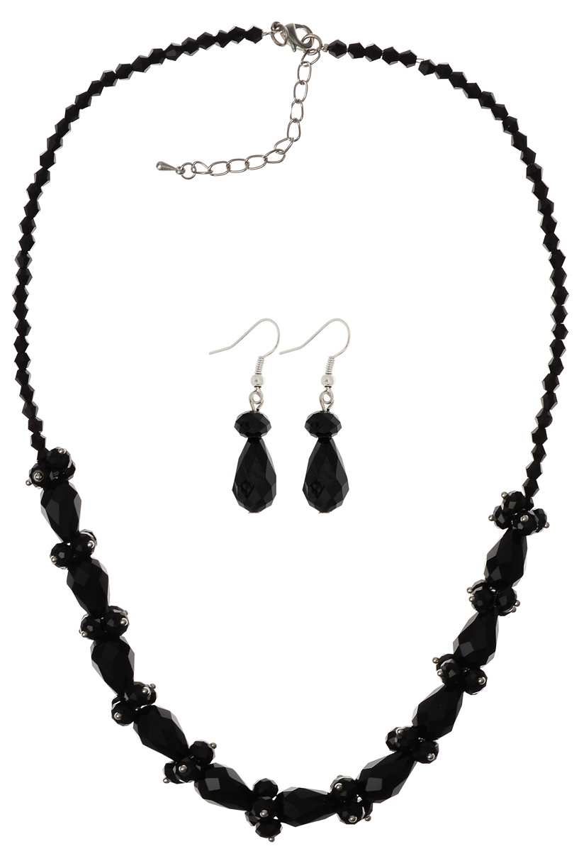 Комплект украшений Fashion House, цвет: серебряный, черный. FH28045FH28045 Комплект украшений Fashion House, цвет: серебряный, черный. FH28045FH28045Элегантный комплект украшений Fashion House включает в себя серьги и колье, которые выполнены из граненых стеклянных бусин различных форм и размеров. Центральная часть колье дополнена крупными гранеными бусинами в форме капель. Изделие застегивается на практичный замок-карабин, который оснащен дополнительными звеньями для регулировки длины. Серьги выполнены в единой стилистике с колье и дополнены замком-петлей. Комплект украшений Fashion House позволит вам с легкостью воплотить самую смелую фантазию и создать собственный, неповторимый образ.