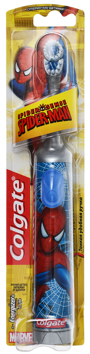 Colgate Зубная щетка Spider-Man, электрическая, с мягкой щетиной, цвет: серый, синийFCN10038_серый, синий Colgate Зубная щетка Spider-Man, электрическая, с мягкой щетиной, цвет: серый, синийFCN10038_серый, синийColgate Spider-Man - детская электрическая зубная щетка с мягкой щетиной. Маленькая вибрирующая головка с очень мягкими щетинками очищает детские зубы и бережно удаляет налет. Она идеально подходит для развития навыков гигиены полости рта, а благодаря яркому, привлекательному дизайну ежедневная чистка зубов станет удовольствием для вашего ребенка. Эргономичная ручка не скользит в ладони, амортизирует давление руки на нежную поверхность десен. Разноуровневые щетинки тщательно очищают как маленькие, так и большие зубы. Зубная щетка работает от двух батареек типа ААА. Батарейки в комплекте. Товар сертифицирован.