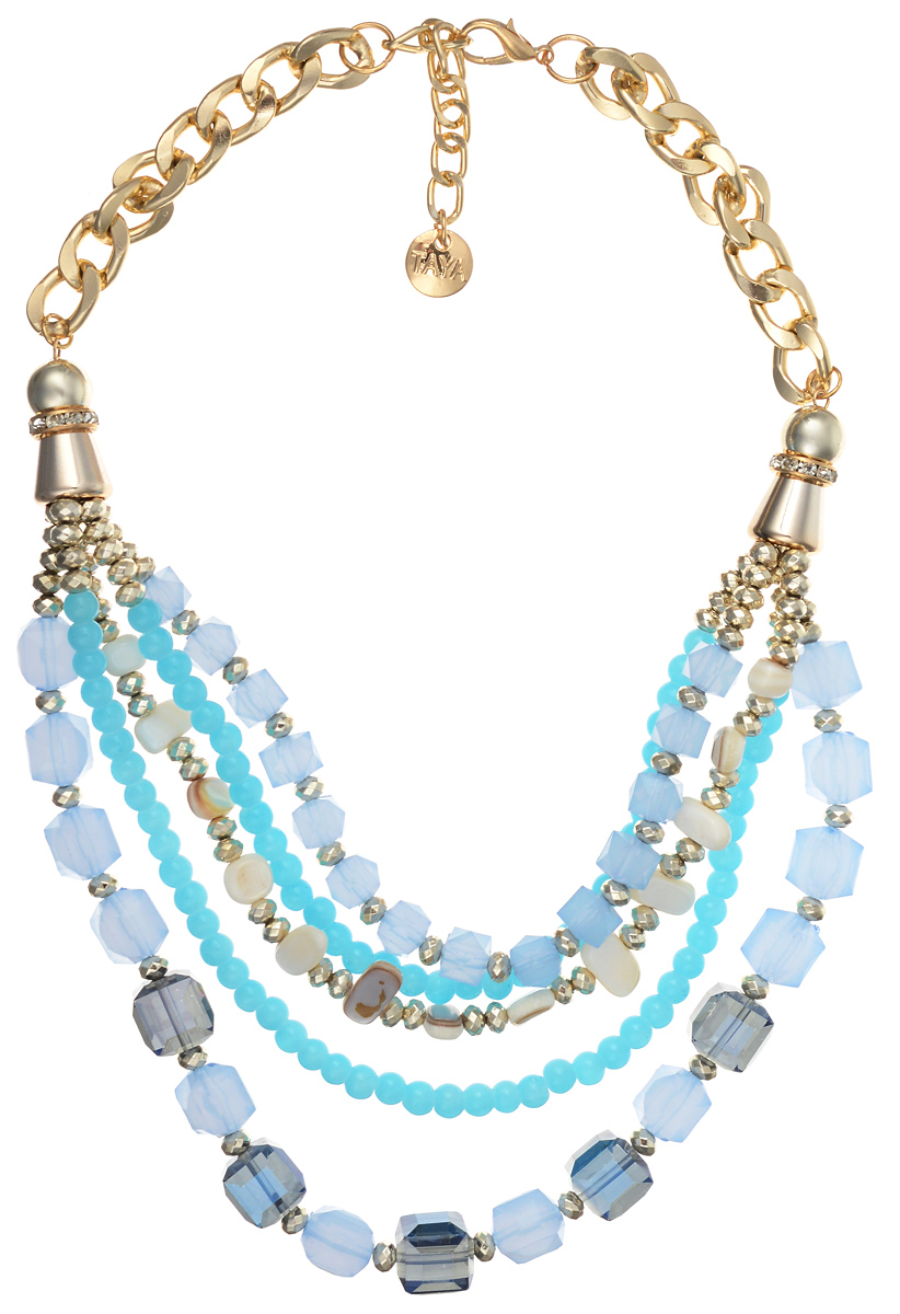 Колье Taya, цвет: золотистый, синий, голубой. T-B-10197T-B-10197-NECK-GL.BLUE Колье Taya, цвет: золотистый, синий, голубой. T-B-10197T-B-10197-NECK-GL.BLUEОригинальное колье Taya придется по вкусу любой моднице. На плоской золотистой цепи с помощью наконечника прикреплены пять нитей с бусинами разного размера, формы и огранки. Также колье дополнено натуральными камнями и стразами. Изделие застегивается при помощи замка-карабина. Длина колье регулируется. Такое колье подойдет как для вечернего образа, так и на каждый день для завершения вашего наряда.