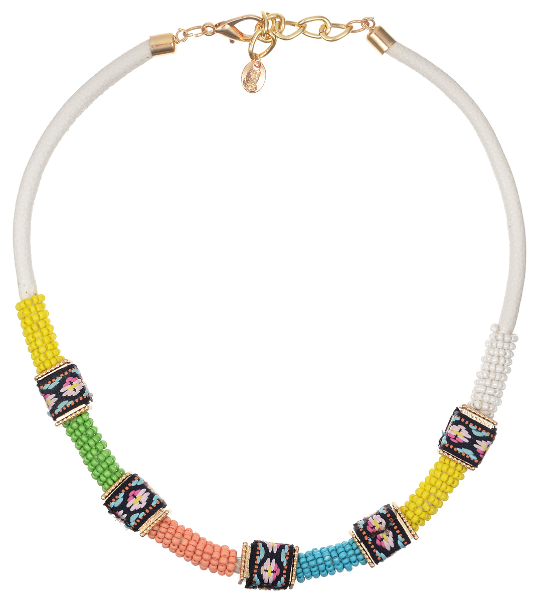 Колье Taya, цвет: мультиколор. T-B-10123T-B-10123-NECK-MULTI Колье Taya, цвет: мультиколор. T-B-10123T-B-10123-NECK-MULTIЛаконичное, но яркое колье Taya выполнено в виде жгута из экокожи, который плотно обвит разноцветными бисерными нитями. Законченность образу добавляют металлические элементы, оформленные тесьмой, которые удачно разграничивают цвета колье. Колье застегивается на застежку-карабин с регулирующей длину цепочкой. Такое украшений поможет вам создать уникальный и запоминающийся образ и позволит выделиться среди окружающих.