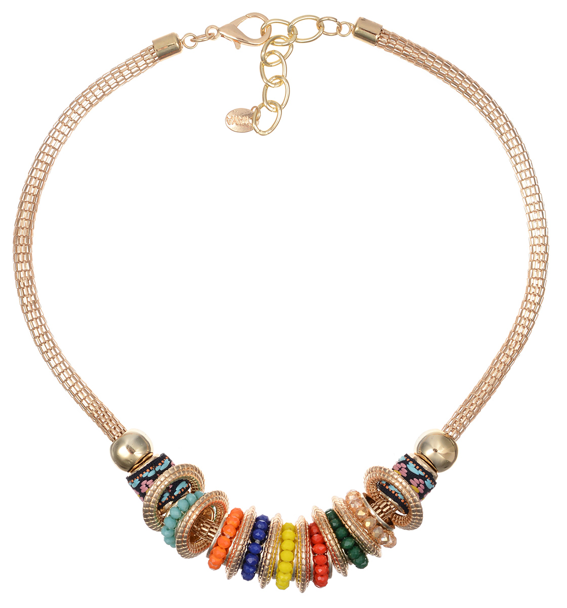 Колье Taya, цвет: мультиколор, золотистый. T-B-10121T-B-10121-NECK-MULTI Колье Taya, цвет: мультиколор, золотистый. T-B-10121T-B-10121-NECK-MULTIОригинальное колье Taya будет потрясающе смотреться на шее своей обладательницы. Изделие выполнено из металлического сплава в виде цепочки оригинального плетения, на которой свободно перемещаются объемные круглые золотистые кольца, сплетенные из бисера подвески и металлические элементы, украшенные тесьмой. Прелесть этого украшения в том, что любую деталь можно снять и расположить в нужном только вам порядке. Можно даже оставить одно кольцо и носить колье как амулет. Колье застегивается на застежку-карабин с регулирующей длину цепочкой. Такое украшений поможет вам создать уникальный и запоминающийся образ и позволит выделиться среди окружающих.