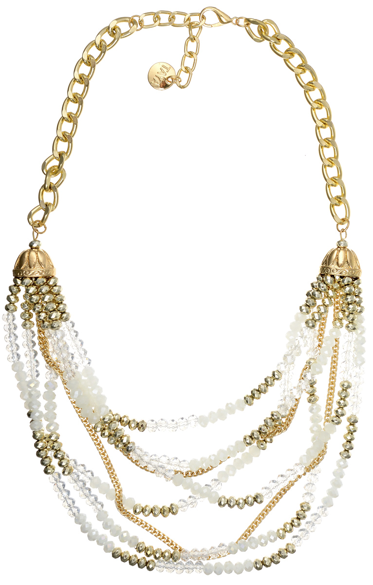 Колье Taya, цвет: золотистый, белый. T-B-10198T-B-10198-NECK-GL.WHITE Колье Taya, цвет: золотистый, белый. T-B-10198T-B-10198-NECK-GL.WHITEСтильное колье Taya представляет собой цепь из металлического сплава золотистого цвета с крупными звеньями, к которой крепятся шесть рядов бус и два ряда цепей, переплетенных между собой. Колье имеет надежную застежку-карабин с регулирующей длину цепочкой. Такое колье позволит вам с легкостью воплотить самую смелую фантазию и создать собственный, неповторимый образ.
