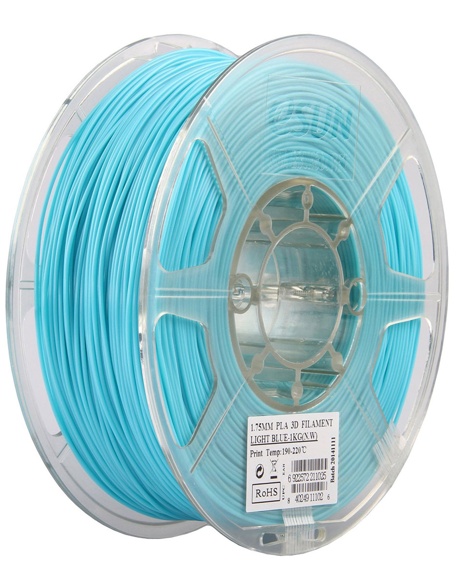 ESUN PLA-пластик в катушке, Light Blue (PLA175D1)PLA175D1 ESUN PLA-пластик в катушке, Light Blue (PLA175D1)PLA175D1Пластик PLA от ESUN долговечный и очень прочный полимер, ударопрочный, эластичный и стойкий к моющим средствам и щелочам. Один из лучших материалов для печати на 3D принтере. Пластик не имеет запаха и не является токсичным. Температура плавления 190-220°C. PLA пластик для 3D-принтера применяется в деталях автомобилей, канцелярских изделиях, корпусах бытовой техники, мебели, сантехники, а также в производстве игрушек, сувениров, спортивного инвентаря, деталей оружия, медицинского оборудования и прочего. Диаметр нити: 1.75 мм