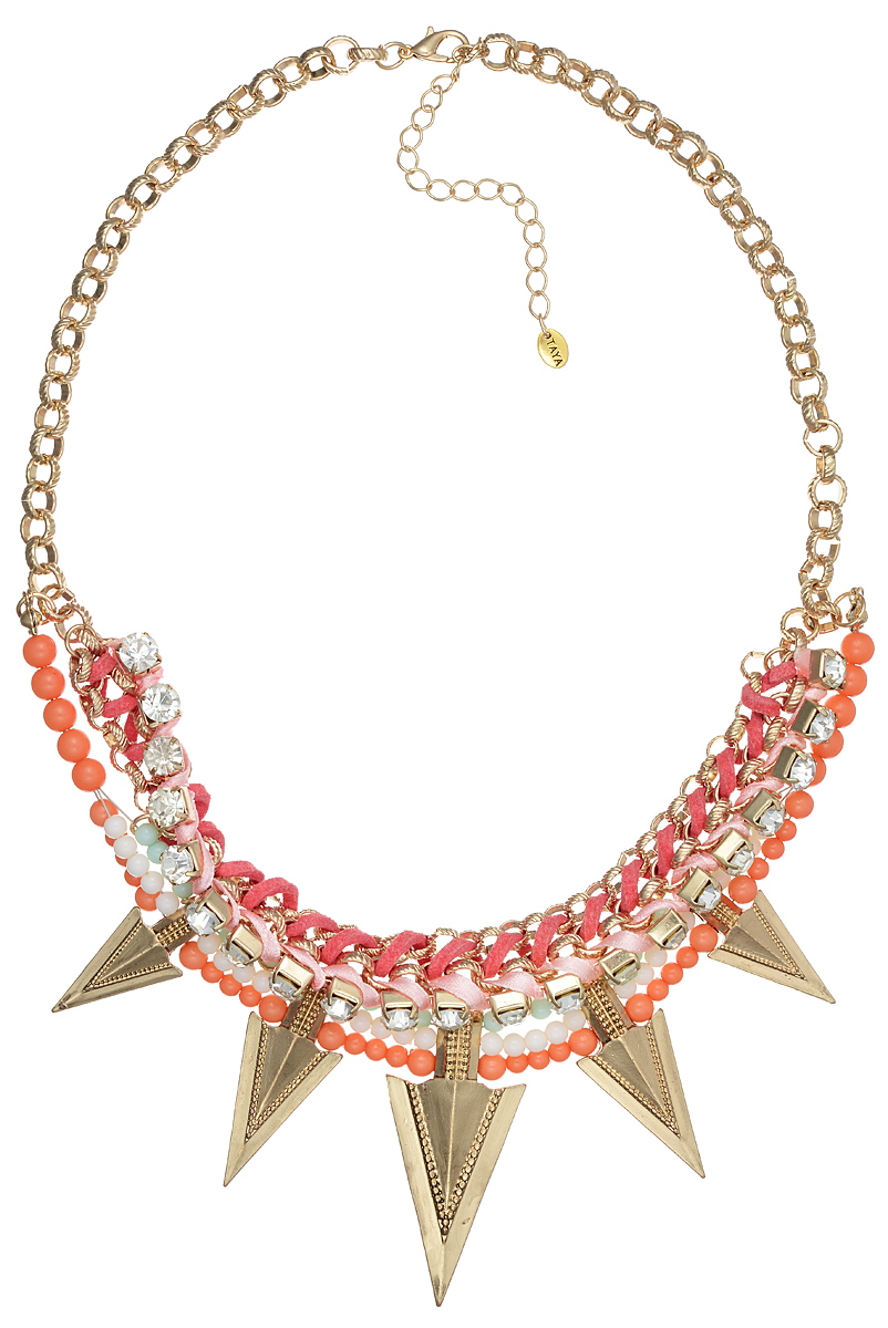 Колье Taya, цвет: розовый, коралловый, золотой. T-B-7247T-B-7247-NECK-ORANGE Колье Taya, цвет: розовый, коралловый, золотой. T-B-7247T-B-7247-NECK-ORANGEЭлегантное колье Taya выполнено из текстиля и бижутерийного сплава, центральная часть оформлена оригинальными элементами из металла, стразами и бусинами из пластика. Колье застегивается на практичный замок-карабин, длина изделия регулируется за счет дополнительных звеньев. Колье Taya выгодно подчеркнет изящество, женственность и красоту своей обладательницы.