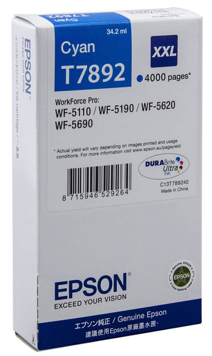 Epson T7892 XXL (C13T789240), Cyan картридж для WorkForce Pro WF-5xxxC13T789240 Epson T7892 XXL (C13T789240), Cyan картридж для WorkForce Pro WF-5xxxC13T789240Картридж экстраповышенной емкости Epson T7892 XXL с голубыми чернилами для Epson WorkForce Pro служит для печати превосходных фотоснимков и рассчитан на 4000 страниц печати.