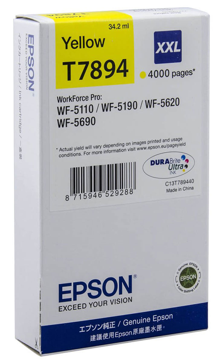 Epson T7894 XXL (C13T789440), Yellow картридж для WorkForce Pro WF-5xxxC13T789440 Epson T7894 XXL (C13T789440), Yellow картридж для WorkForce Pro WF-5xxxC13T789440Картридж экстраповышенной емкости Epson T7894 XXL с желтыми чернилами для Epson WorkForce Pro служит для печати превосходных фотоснимков и рассчитан на 4000 страниц печати.