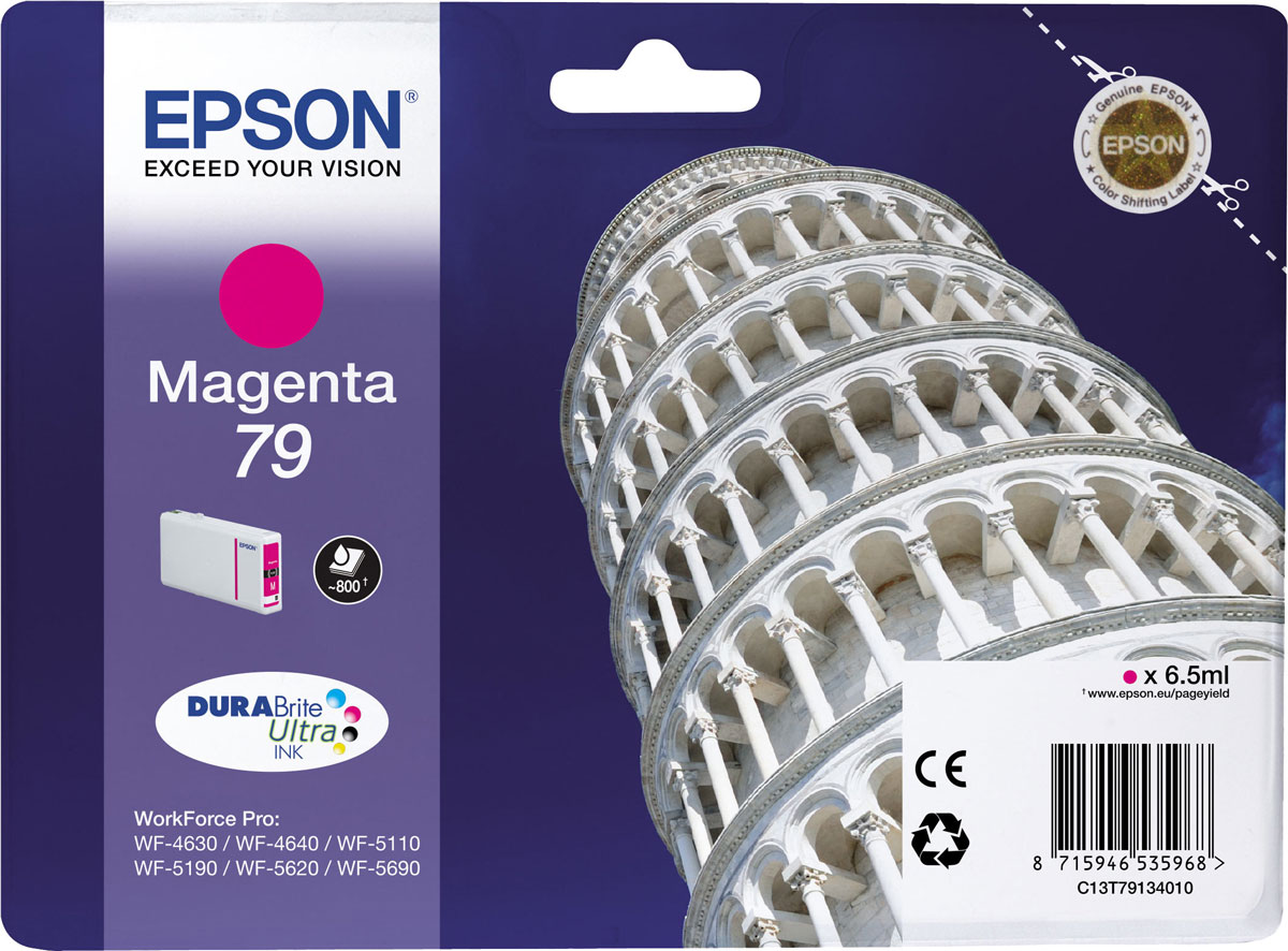 Epson T7913 (C13T79134010), Magenta картридж для WorkForce Pro WF-5xxxC13T79134010 Epson T7913 (C13T79134010), Magenta картридж для WorkForce Pro WF-5xxxC13T79134010Картридж Epson T7913 с пурпурными чернилами для Epson WorkForce Pro служит для печати превосходных фотоснимков и рассчитан на 900 страниц печати.