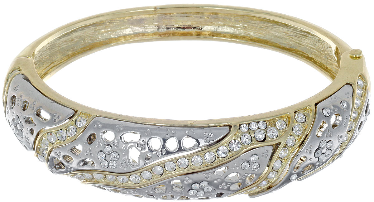 Браслет Taya, цвет: золотистый, серебристый. T-B-7108T-B-7108-BRAC-GOLD Браслет Taya, цвет: золотистый, серебристый. T-B-7108T-B-7108-BRAC-GOLDСтильный женский браслет Taya выполнен из металлического сплава. Изделие оформлено перфорацией и россыпью страз. Застегивается изделие на шарнирный замок. Оригинальный дизайн браслета понравиться тем, кто хочет быть в центре внимания. Красивый и необычный браслет блестяще подчеркнет ваш изысканный вкус и поможет внести разнообразие в привычный образ.
