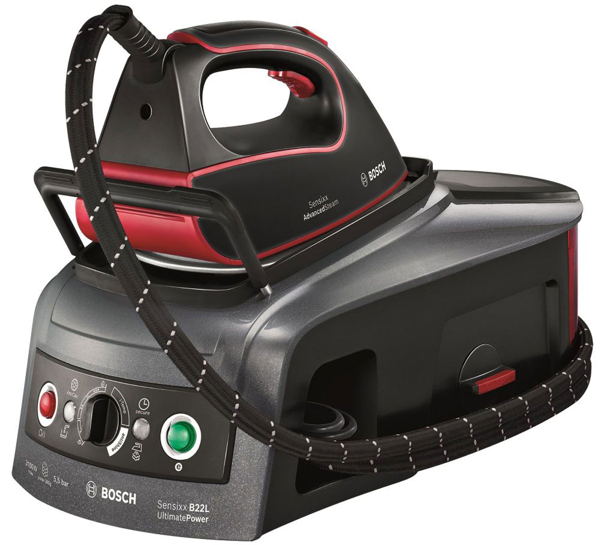 Bosch TDS 2251, Red Black паровая станцияTDS 2251 Bosch TDS 2251, Red Black паровая станцияTDS 2251Паровая станция Bosch TDS 2251 мощностью 3100 Вт сочетает в себе высокую эффективность и простоту в использовании. Пар глубоко проникает в ткань, разглаживая любые складки, а керамическая подошва CeraniumGlissee позволяет утюгу идеально скользить по любым типам тканей. Предусмотренная прибором функция I-Temp Advanced устанавливает оптимальную комбинацию температуры и пара, что дает возможность гладить даже самые деликатные ткани без их повреждения. Функция antiShine - это еще одна автопрограмма, созданная для глажения деликатных и темных тканей, не оставляет лоска. Специальная губка-сетка собирает и задерживает частицы накипи, а таймер Calc n clean: напоминает о необходимости очистки утюга. Давление пара: 5.5 бар Готовность к глажению: 2 мин. Экономия электроэнергии до 25%, воды до 40% Съемная прорезиненная подставка Индикаторы подачи пара и наличия воды Система фиксации утюга SecureLock System Съемная прорезиненная подставка