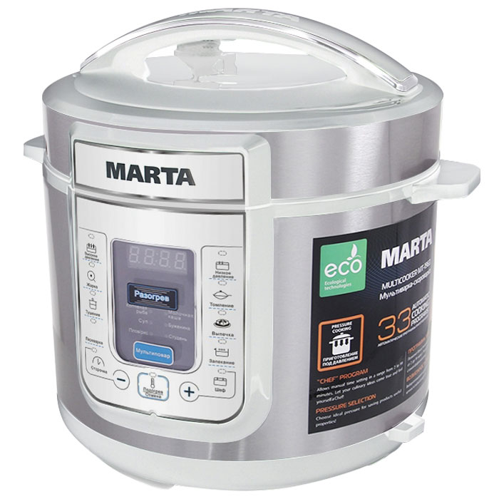 Marta MT-1963, White Silver мультиваркаMT-1963 Marta MT-1963, White Silver мультиваркаMT-1963Marta MT-1963 - универсальная мультиварка с ручным управлением, функцией скороварки в сочетании с уникальной программой Шеф. На любые случаи жизни, когда хочется применить фантазию и приготовить что-то вручную или выбрать одну из автоматических программ. Скороварка сэкономит время, антипригарное покрытие толстостенной чаши - масло, а внутренняя съемная крышка сохранит чистым корпус. Возможность выбора давления Высокое - для приготовления блюд в собственном соку Нормальное - для блюд из продуктов с разным временем приготовления Низкое - для щадящего приготовления диетических блюд Шеф - задавай время для приготовления под давлением! Специальная программа для мультиварок-скороварок, позволяющая задавать время приготовления вручную в диапазоне от 2 до 99 минут Отложенный старт (отсрочка старта) Мультиварку можно заранее подготовить, загрузив в нее необходимые продукты, и настроить таким образом, чтобы программа приготовления...