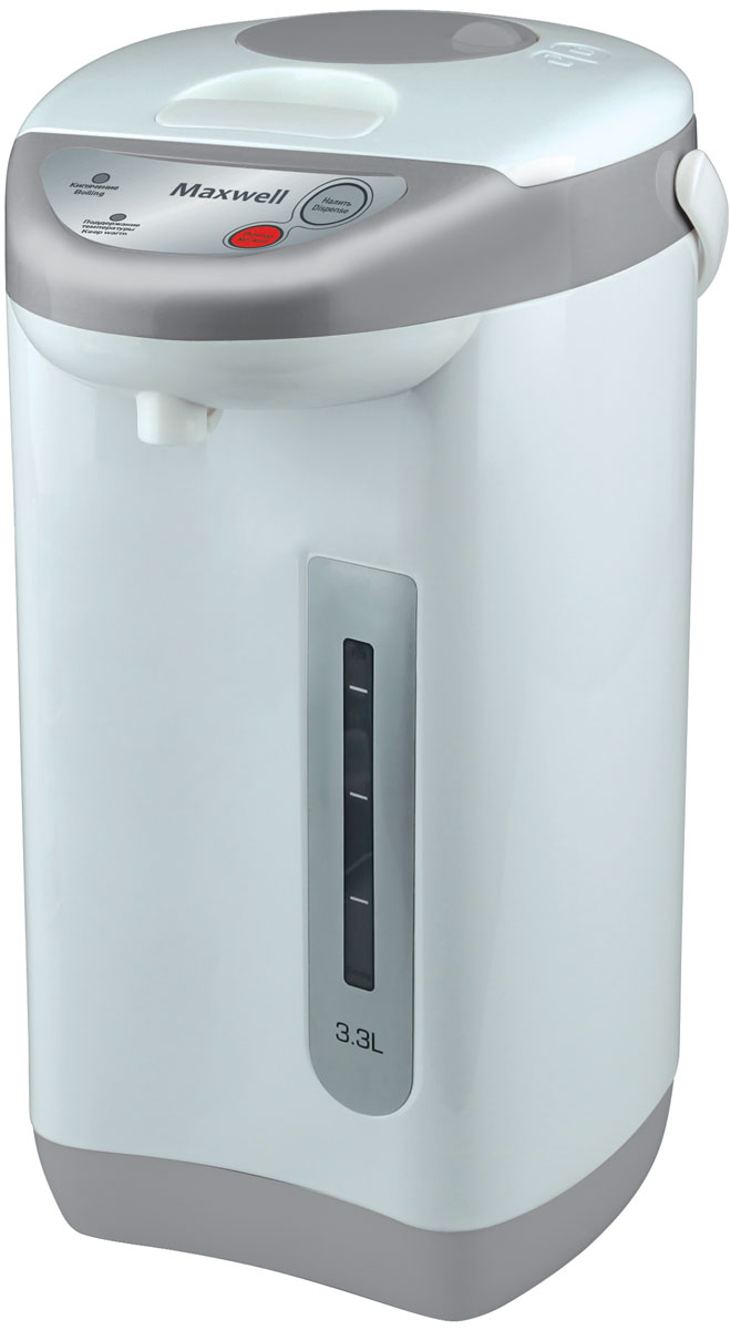 Maxwell MW-1056(GY) термопотMW-1056(GY) Maxwell MW-1056(GY) термопотMW-1056(GY)Для того чтобы пить горячий чай или кофе на протяжении всего дня, вам больше не потребуется пользоваться чайником, включая его ежечасно. Достаточно приобрести вместительный термопот Maxwell MW-1056! Он характеризуется большим объемом резервуара для воды 3,3литра, наличием функции поддержания температуры, удобной и безопасной системой налива кипятка. Термопот включается нажатием одной кнопки, при этом степень нагрева воды вы можете отрегулировать самостоятельно, выбрав один из нескольких предлагаемых температурных режимов. Прибор автоматически отключаются, когда вода нагревается до нужной температуры, что исключает необходимость постоянного пребывания рядом с техникой. Налить горячую воду в чашку очень просто, для чего в Maxwell MW-1056 встроен насос. Нажав на специальную кнопку, вода из резервуара потечет автоматически в подставленную чашку. Контролировать количество воды вы можете при помощи специальной прозрачной шкалы с метками, которая всегда вам подскажет, когда...