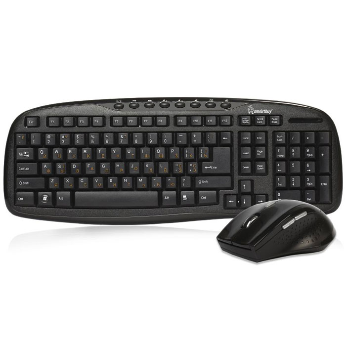 SmartBuy SBC-217508AG, Black клавиатура + мышьSBC-217508AG-K SmartBuy SBC-217508AG, Black клавиатура + мышьSBC-217508AG-KВсегда приятно, когда клавиатура и мышь обладают приятным идентичным дизайном. Набор из клавиатуры с мышью SmartBuy SBC-217508AG выполнен в классическом и строгом стиле без лишних деталей. Он поможет навсегда забыть о коротких или вечно мешающих проводах! Дополнительные кнопки обеспечивают быстрый доступ к мультимедийным функциям и интернету. Эргономичная мышь с высокоточным оптическим сенсором c разрешением, регулируемым в диапазоне 1000 / 1600 / 2200 dpi удобно размещается в ладони и подходит для работы в различных приложениях. Комплект работает в радиусе 10 метров от миниатюрного ресивера, который можно не вынимать из USB-порта ПК даже при переноске.