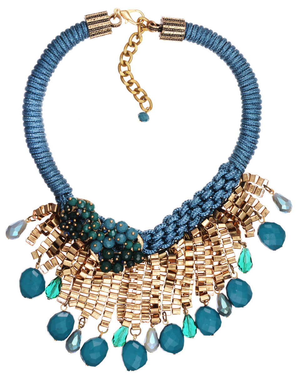 Колье Taya, цвет: бирюзовый, золотой. T-B-9828T-B-9828-NECK-TURQUOISE Колье Taya, цвет: бирюзовый, золотой. T-B-9828T-B-9828-NECK-TURQUOISEЭлегантное колье Taya, выполнено в виде текстильной основы, которая оформлена элементами из бижутерийного сплава и стекла. Центральная часть изделия дополнена оригинальными подвесками с цепочками в объемном плетении и гранеными бусинами разных размеров и форм. Изделие застегивается на практичный замок-карабин, длина регулируется за счет дополнительных звеньев. Стильное колье придаст вашему образу изюминку, подчеркнет индивидуальность.