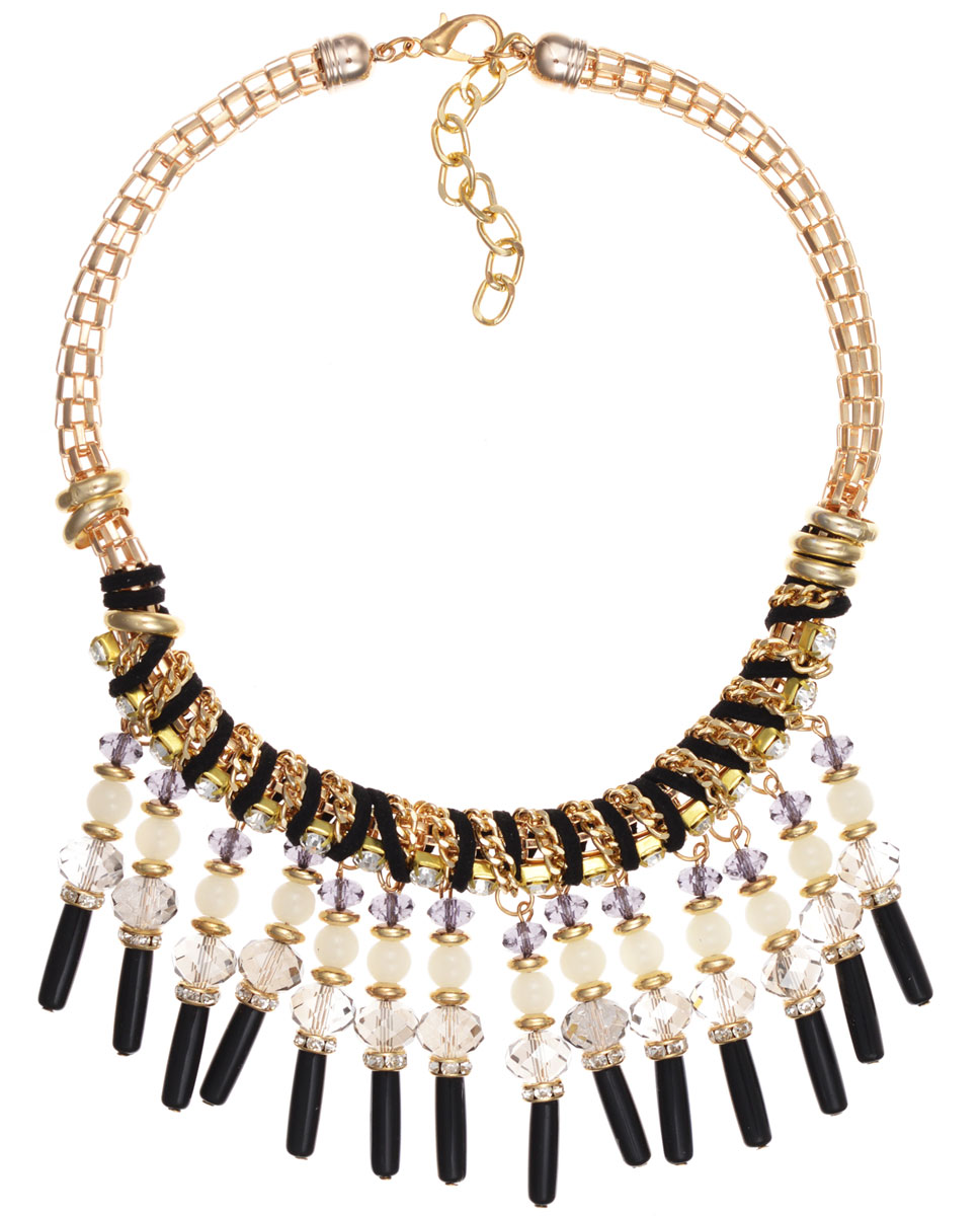 Колье Taya, цвет: золотистый, черный. T-B-9005T-B-9005-NECK-GL.BLACK Колье Taya, цвет: золотистый, черный. T-B-9005T-B-9005-NECK-GL.BLACKЭлегантное колье Taya, выполнено в виде основы из бижутерийного сплава, которая оформлена элементами из экокожи, пластика и стекла. Центральная часть изделия дополнена подвесками из граненых стеклянных и пластиковых бусин. Изделие застегивается на практичный замок-карабин, длина регулируется за счет дополнительных звеньев. Стильное колье придаст вашему образу изюминку, подчеркнет индивидуальность.