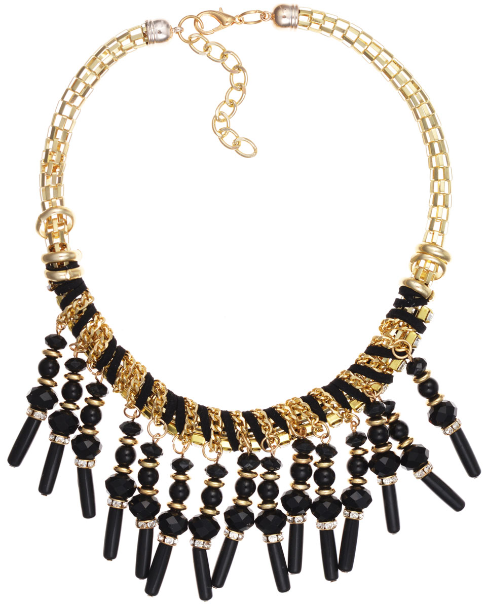 Колье Taya, цвет: золотистый, черный. T-B-9842T-B-9842-NECK-GL.BLACK Колье Taya, цвет: золотистый, черный. T-B-9842T-B-9842-NECK-GL.BLACKЭлегантное колье Taya, выполнено в виде основы из бижутерийного сплава, которая оформлена элементами из экокожи, пластика и стекла. Центральная часть изделия дополнена подвесками из граненых стеклянных и пластиковых бусин. Изделие застегивается на практичный замок-карабин, длина регулируется за счет дополнительных звеньев. Стильное колье придаст вашему образу изюминку, подчеркнет индивидуальность.