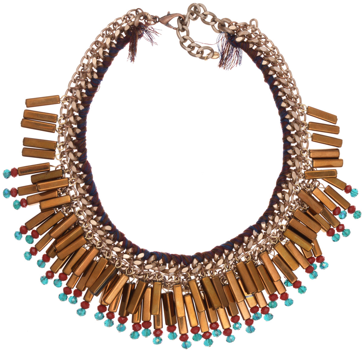Колье Taya, цвет: коричневый, бронза. T-B-10315T-B-10315-NECK-BROWN Колье Taya, цвет: коричневый, бронза. T-B-10315T-B-10315-NECK-BROWNЭлегантное колье Taya, выполнено в виде основы из бижутерийного сплава и текстиля, которая оформлена элементами из пластика и стекла. Центральная часть изделия дополнена подвесками из граненых прямоугольных бусин, напоминающих слитки золота. Изделие застегивается на практичный замок-карабин, длина регулируется за счет дополнительных звеньев. Стильное колье придаст вашему образу изюминку, подчеркнет индивидуальность.