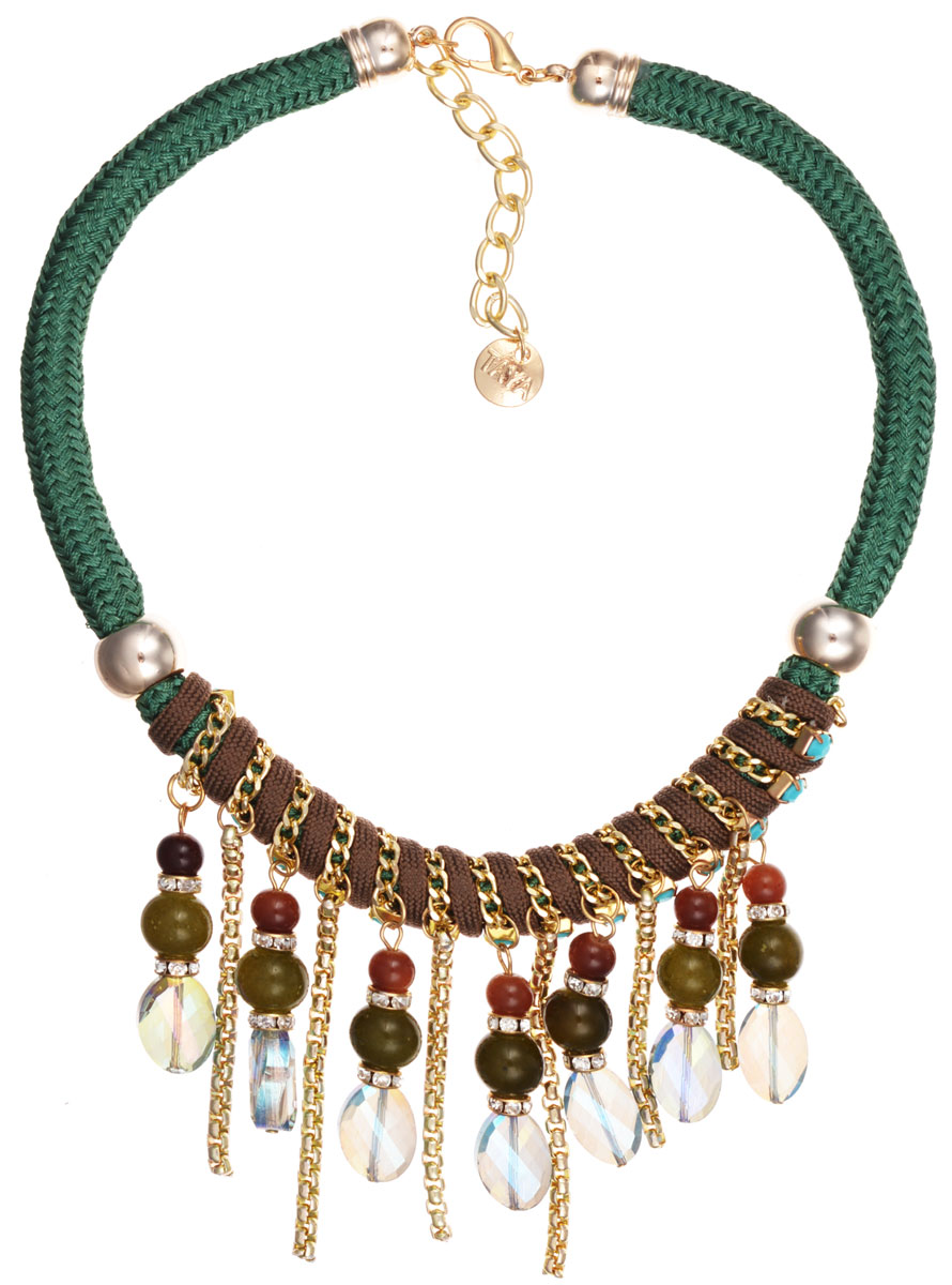 Колье Taya, цвет: зеленый, коричневый, золотой. T-B-9576T-B-9576-NECK-GREEN Колье Taya, цвет: зеленый, коричневый, золотой. T-B-9576T-B-9576-NECK-GREENЭлегантное колье Taya, выполнено в виде текстильной основы, которая оформлена элементами из бижутерийного сплава и стекла. Центральная часть изделия дополнена оригинальными подвесками с цепочками в объемном плетении и гранеными бусинами разных размеров и форм. Изделие застегивается на практичный замок-карабин, длина регулируется за счет дополнительных звеньев. Стильное колье придаст вашему образу изюминку, подчеркнет индивидуальность.
