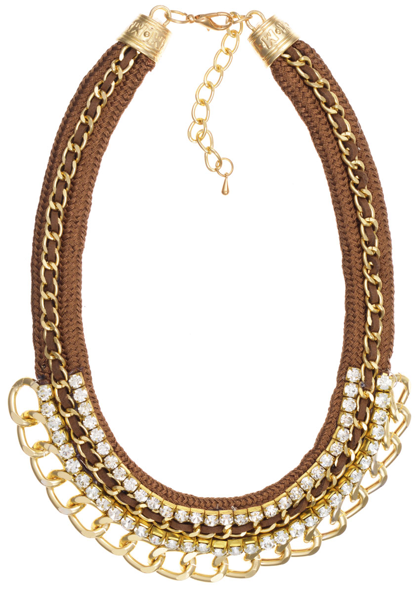 Колье Taya, цвет: золотистый, коричневый. T-B-90T-B-9018-NECK-GL.BROWN Колье Taya, цвет: золотистый, коричневый. T-B-90T-B-9018-NECK-GL.BROWNЭлегантное колье Taya, выполнено в виде текстильной основы, которая оформлена элементами из бижутерийного сплава и стекла. Центральная часть изделия дополнена декоративными цепочками разных размеров и сияющими стразами. Изделие застегивается на практичный замок-карабин, длина регулируется за счет дополнительных звеньев. Стильное колье придаст вашему образу изюминку, подчеркнет индивидуальность.