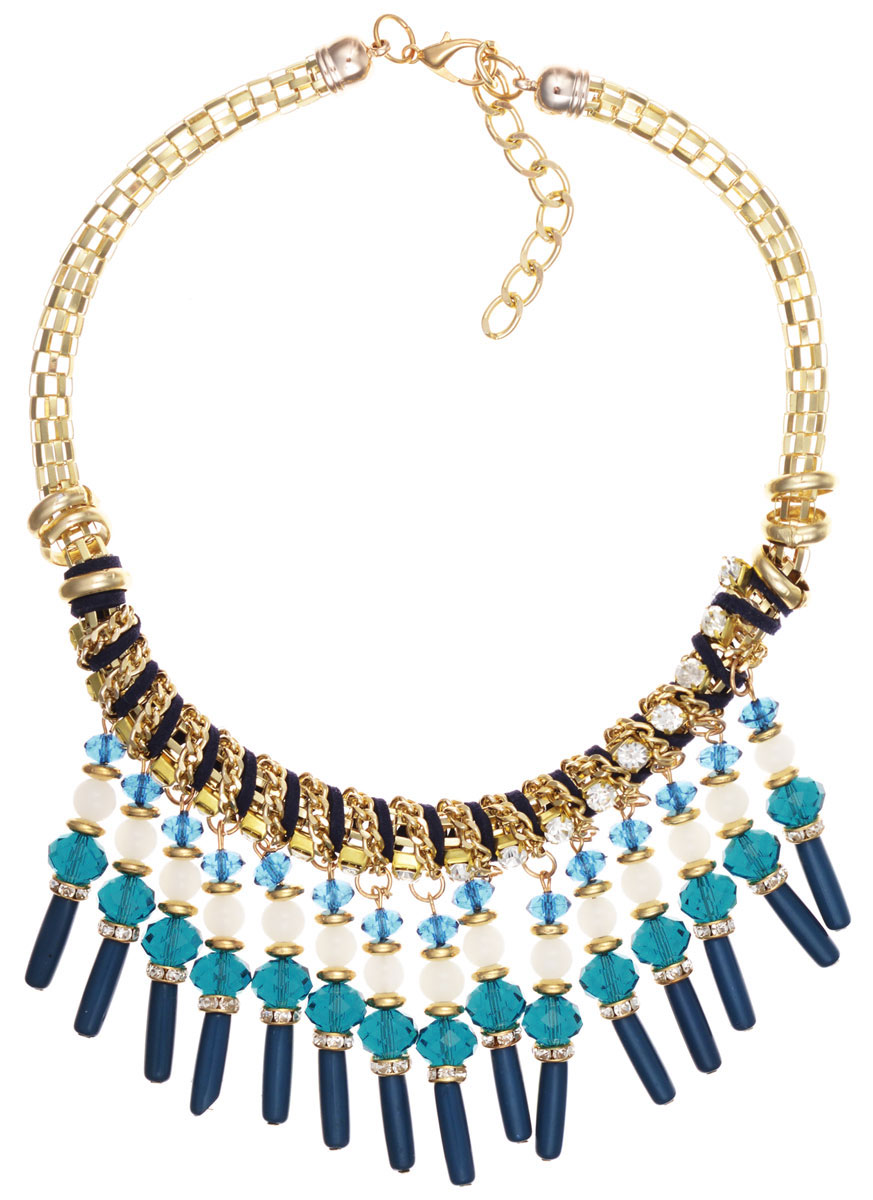 Колье Taya, цвет: золотистый, синий. T-B-9006T-B-9006-NECK-GL.BLUE Колье Taya, цвет: золотистый, синий. T-B-9006T-B-9006-NECK-GL.BLUEЭлегантное колье Taya, выполнено в виде объемной цепочки из бижутерийного сплава, оплетенной шнуром из экокожи и дополненной подвесками из граненых стеклянных и пластиковых бусин. Колье застегивается на практичный замок-карабин, длина регулируется за счет дополнительных звеньев. Стильное колье придаст вашему образу изюминку, подчеркнет индивидуальность.