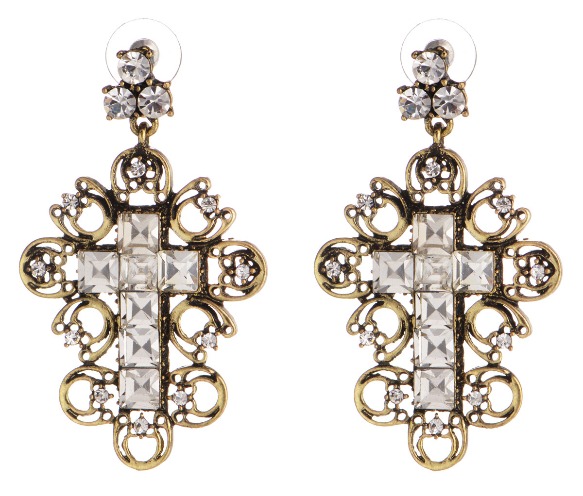 Серьги Taya, цвет: бронзовый, прозрачный. T-B-9939T-B-9939-EARR-BZ.CRYSTAL Серьги Taya, цвет: бронзовый, прозрачный. T-B-9939T-B-9939-EARR-BZ.CRYSTALЭлегантные серьги Taya выполнены из бижутерийного сплава на основе латуни. Изделие оформлено оригинальными ажурными подвесками в виде крестов, которые дополнены вставками из стекла и стразов. Изделие застегивается на практичный замок-гвоздик с фиксаторами из пластика и металла. Оригинальные серьги придадут вашему образу изюминку, подчеркнут индивидуальность.