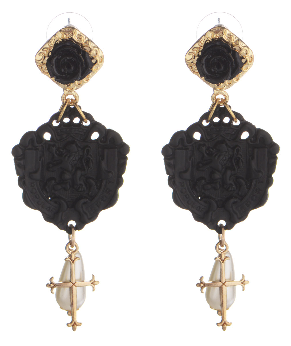 Серьги Taya, цвет: золотистый, черный, белый. T-B-9779T-B-9779-EARR-GL.BLACK Серьги Taya, цвет: золотистый, черный, белый. T-B-9779T-B-9779-EARR-GL.BLACKЭлегантные серьги Taya выполнены из бижутерийного сплава. Основание сережек выполнено в виде розочек. Изделие дополнено подвесками в форме гербов, а также искусственными жемчужинами каплевидных форм и крестиками. Серьги застегиваются на практичный замок-гвоздик с фиксаторами из металла и пластика. Оригинальные серьги придадут вашему образу изюминку, подчеркнут индивидуальность.