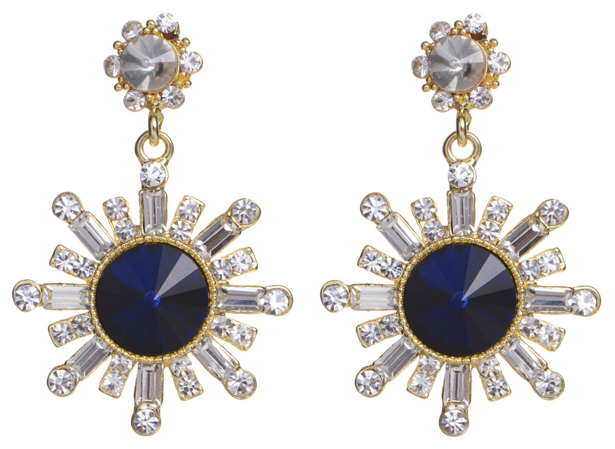 Серьги Taya, цвет: темно-синий, золотй, прозрачный. T-B-9237T-B-9237-EARR-D.BLUE Серьги Taya, цвет: темно-синий, золотй, прозрачный. T-B-9237T-B-9237-EARR-D.BLUEЭлегантные серьги Taya выполнены из бижутерийного сплава. Основание сережек выполнено в виде маленьких цветочков со стразами. Изделие оформлено оригинальными подвесками в виде солнышка, лучики которого дополнены вставками из стекла, а в центре расположен граненый камень. Изделие застегивается на практичный замок-гвоздик с фиксаторами металла. Оригинальные серьги придадут вашему образу изюминку, подчеркнут индивидуальность.