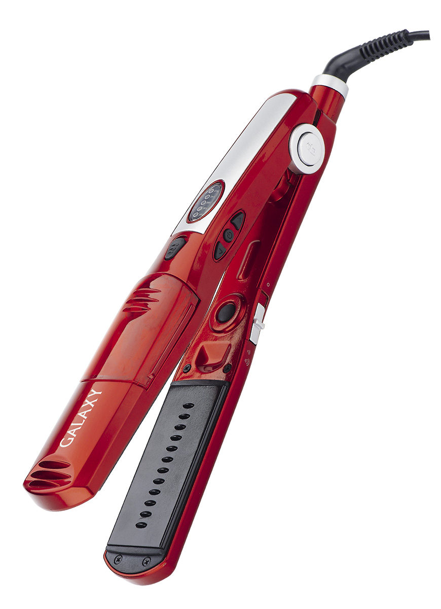 Galaxy GL4509, Red выпрямитель для волос4630003364401 Galaxy GL4509, Red выпрямитель для волос4630003364401Galaxy GL4509 - стайлер, который поможет вам в создании разнообразных причесок каждый день. Прибор простой и удобный в использовании. Крепление шнура вращается на 360°. Цельнометаллические пластины щипцов с турмалиновым покрытием не повреждают структуру волос, сохраняя их гладкость и естественный блеск. Нагревательный элемент с защитой от перегрева Функция выпрямления волос с помощью пара Фиксатор закрытого положения Съемный резервуар для воды Выдвижная расческа для распутывания волос