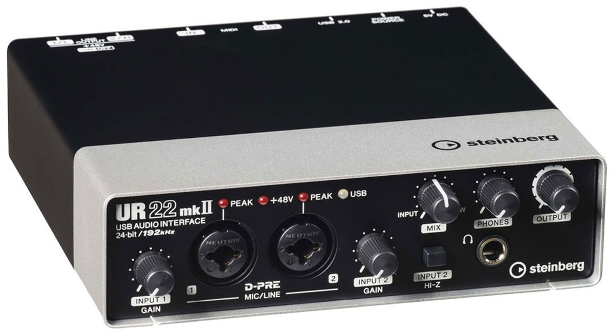 Steinberg UR22mkII аудиоинтерфейсSTEINBERG UR22mk2 Steinberg UR22mkII аудиоинтерфейсSTEINBERG UR22mk2Steinberg UR22mkII - 2-канальный звуковой USB-интерфейс. В отличии от предыдущей версии, устройство располагает режимом Loopback под интернет-стриминг в реальном времени и функцией Class Compliant для подсоединения к iPad. Помимо этого, в набор входит приложение iOS Cubasis Light Edition. Аудиоинтерфейс предоставляет качество до 192 кГц, подключается посредством USB 2.0 шины, имеет MIDI вход/выход, два комбовхода (XLR / 1/4 TRS) с уже признанными в аудиоиндустрии высококлассными микрофонными предусилителями D-PRE от Yamaha, а также двумя основными линейными выходами. Steinberg UR22mkII заключен в цельнометаллический корпус, на лицевой стороне которого имеются два комбинированных входа Neutrik XLR / 1/4 TRS для подключения микрофонов и линейных источников, каждый с регулировкой усиления и индикатором пиков, плюс дополнительный переключатель Hi-Z на втором входе. Передняя панель также включает выход на наушники с отдельным регулятором громкости и...