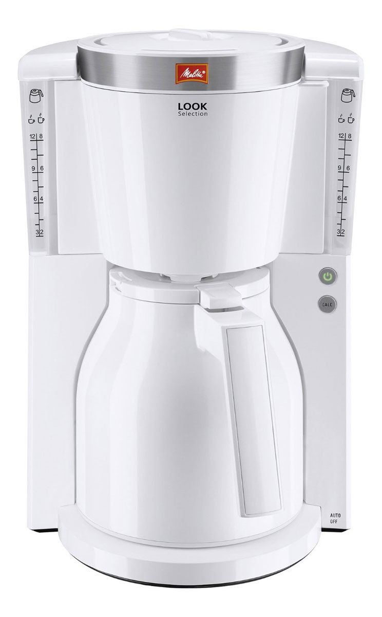 Melitta 21267 Look IV Therm Selection, White кофеварка21267 Melitta 21267 Look IV Therm Selection, White кофеварка21267Кофеварка Melitta 21267 Look IV Therm Selection впечатляет не только превосходным вкусом, но также элегантными элементами из нержавеющей стали и защитой от накипи 3 в 1. Данная модель обладает широким набором современных функций, таких как автовыключение, программируемый уровень жесткости воды, индикатор образования накипи и функция очистки от накипи. Кофеварка оснащена термо-кувшином, который удобно использовать одной рукой. Имеется также прозрачная ёмкость для воды и подсветка кнопки включения/выключения. Прибор был протестирован на безопасность по правилам ОНЭ.