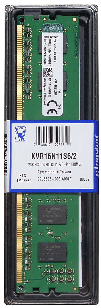 Kingston DDR3 2GB 1600 МГц модуль оперативной памяти (KVR16N11S6/2)KVR16N11S6/2 Kingston DDR3 2GB 1600 МГц модуль оперативной памяти (KVR16N11S6/2)KVR16N11S6/2Модуль оперативной памяти Kingston типа DDR3 обеспечивает увеличенную рабочую частоту (по сравнению с DDR2) при сниженном тепловыделении и экономном энергопотреблении. Напряжение питания при работе составляет 1,5 В. В модуле также имеется 4 чипа с односторонним расположением. Объем памяти 2 ГБ позволит свободно работать со стандартными и офисными программами, а также нетребовательными играми. Работа осуществляется при тактовой частоте 1600 МГц и пропускной способности, достигающей до 12800 Мб/с, что гарантирует комфортную работу с большими объемами текстов, архивов и баз, а также возможность выполнения множества действий в единицу времени. Параметры тайминга 11-11-11 не принижают скорости работы системы.